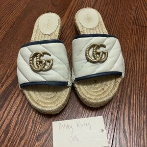Gucci Cream and Navy Espadrille Slides